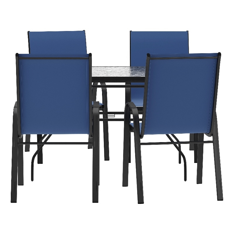 Commercial 5 Pc Outdoor Patio Dining Set with Glass Table and 4 Chairs - Navy