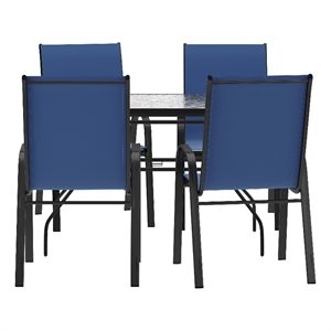 Commercial 5 Pc Outdoor Patio Dining Set with Glass Table and 4 Chairs - Navy