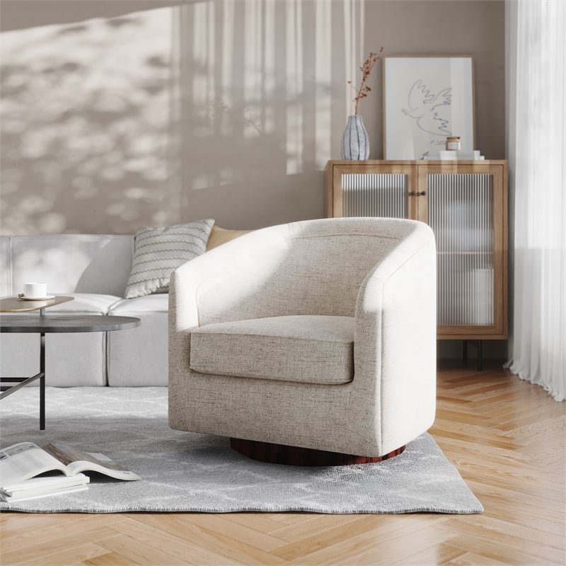 Traditional Club Style Accent Chair with 360 Swivel Metal Base in Cream Fabric