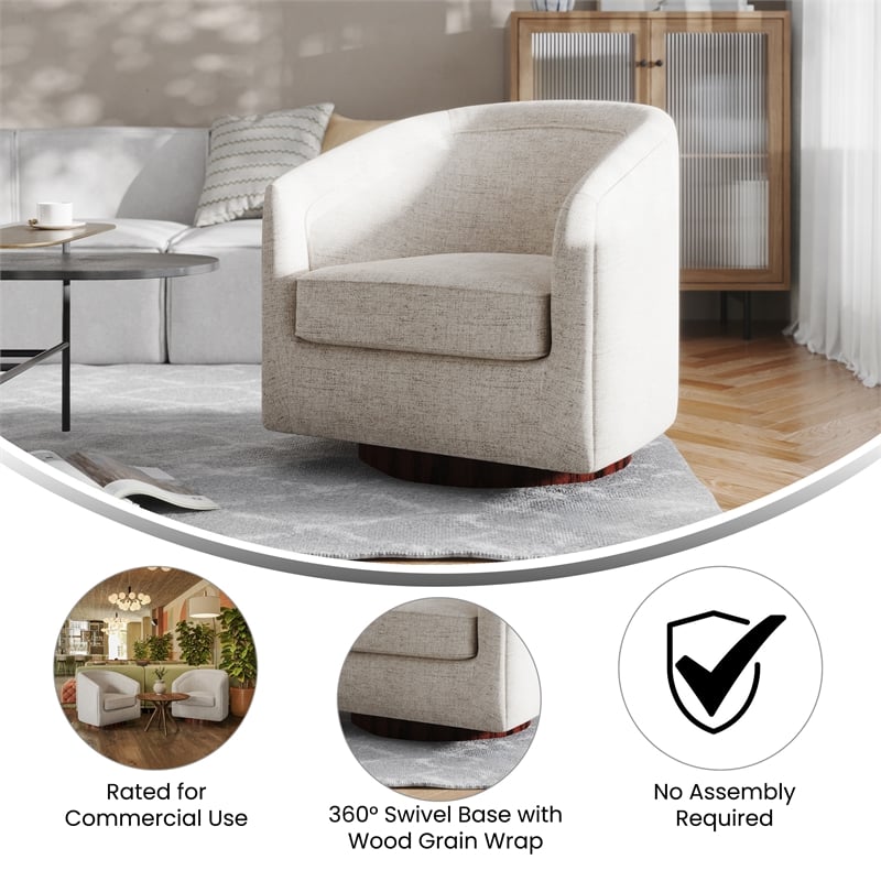 Traditional Club Style Accent Chair with 360 Swivel Metal Base in Cream Fabric