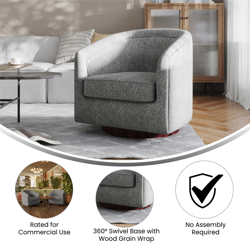 Traditional Club Style Accent Chair with 360 Swivel Metal Base in Gray Fabric