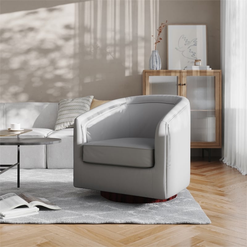 Traditional Club Style Chair with 360 Swivel Metal Base in Gray LeatherSoft