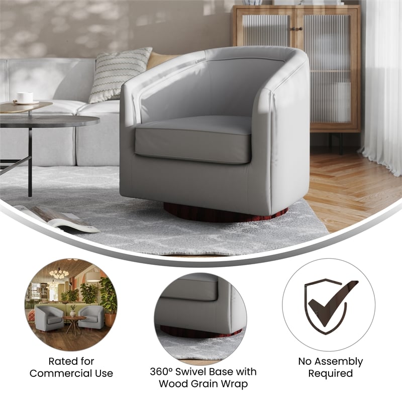 Traditional Club Style Chair with 360 Swivel Metal Base in Gray LeatherSoft