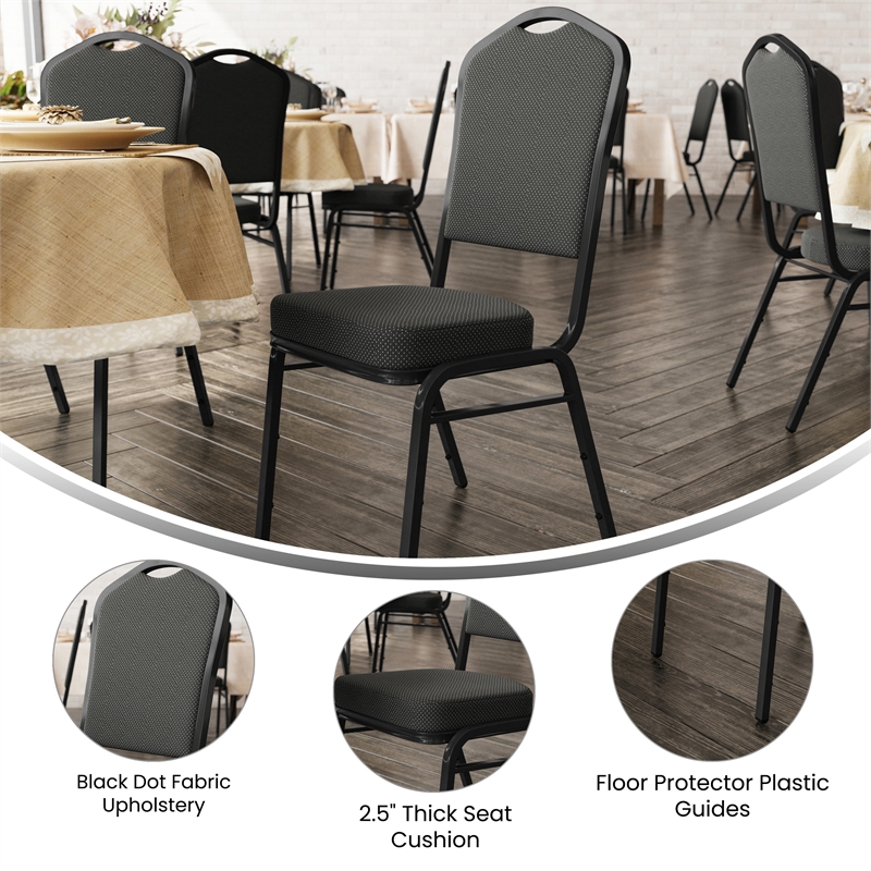 Crown Back Banquet Stack Chair in Black Dot Patterned Fabric - Black Frame