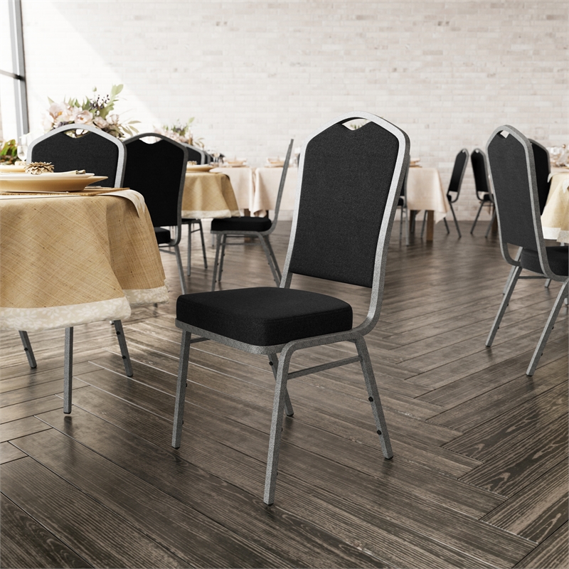 Crown Back Stacking Banquet Chair in Black Fabric - Silver Vein Frame