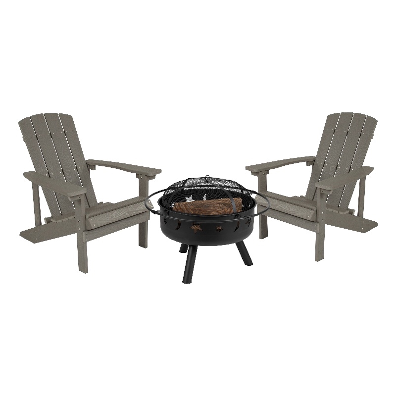 Star and Moon Fire Pit with Mesh Cover & 2 Lt. Gray Poly Resin Adirondack Chairs