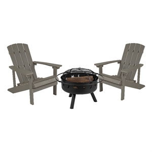 Star and Moon Fire Pit with Mesh Cover & 2 Lt. Gray Poly Resin Adirondack Chairs