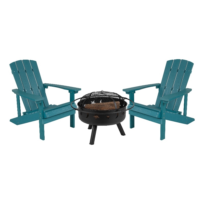 Star and Moon Fire Pit with Mesh Cover & 2 Sea Foam Poly Resin Adirondack Chairs