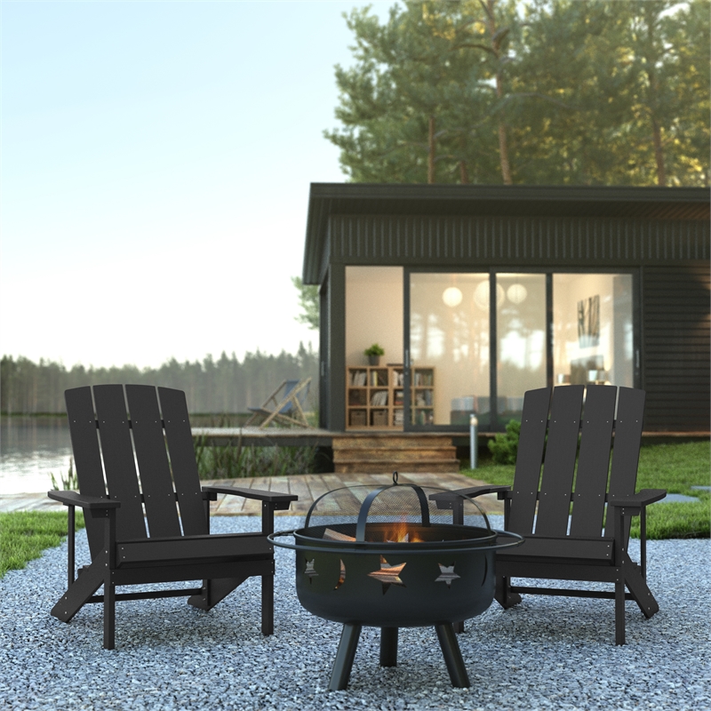 Star & Moon Fire Pit with Mesh Cover & 2 Slate Gray Poly Resin Adirondack Chairs