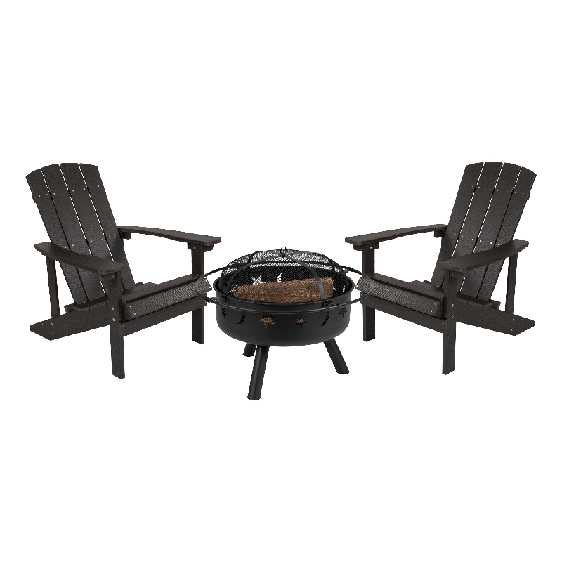 Star & Moon Fire Pit with Mesh Cover & 2 Slate Gray Poly Resin Adirondack Chairs