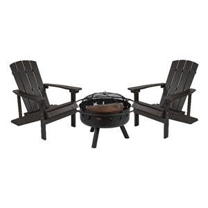 Star & Moon Fire Pit with Mesh Cover & 2 Slate Gray Poly Resin Adirondack Chairs
