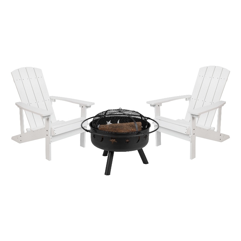 Star and Moon Fire Pit with Mesh Cover & 2 White Poly Resin Adirondack Chairs