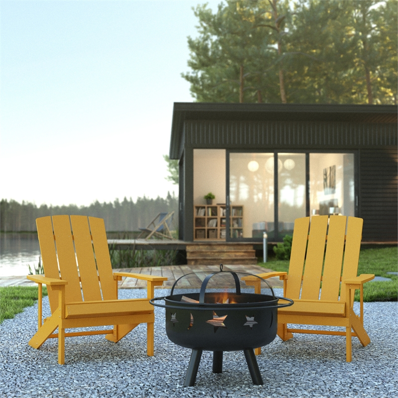 Star and Moon Fire Pit with Mesh Cover & 2 Yellow Poly Resin Adirondack Chairs