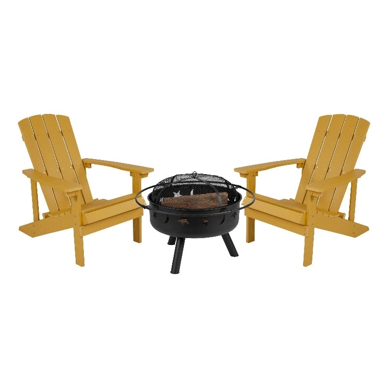 Star and Moon Fire Pit with Mesh Cover & 2 Yellow Poly Resin Adirondack Chairs