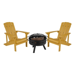 Star and Moon Fire Pit with Mesh Cover & 2 Yellow Poly Resin Adirondack Chairs
