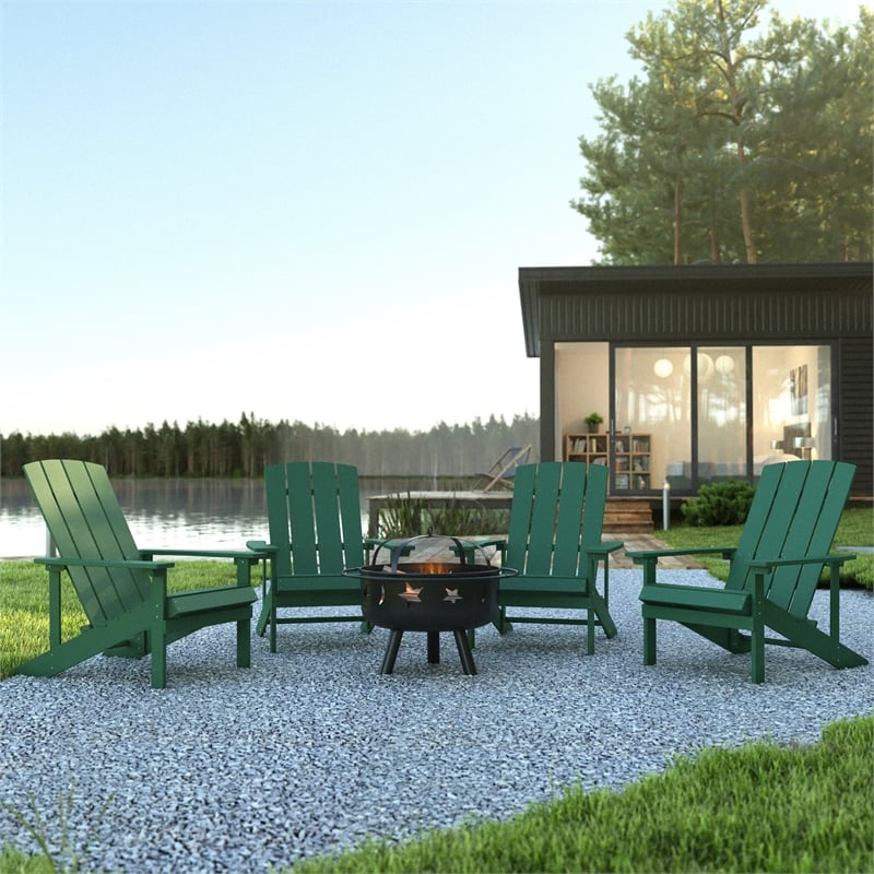 Star and Moon Fire Pit with Mesh Cover & 4 Green Poly Resin Adirondack Chairs