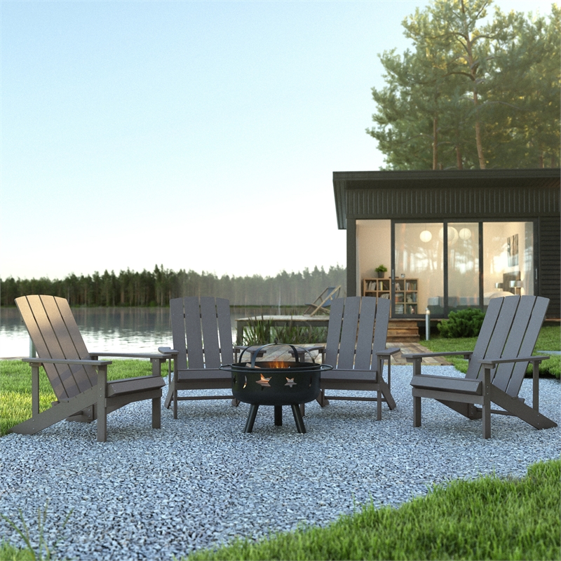 Star and Moon Fire Pit with Mesh Cover & 4 Lt. Gray Poly Resin Adirondack Chairs