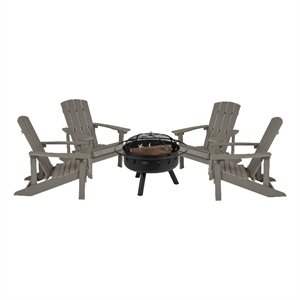 Star and Moon Fire Pit with Mesh Cover & 4 Lt. Gray Poly Resin Adirondack Chairs