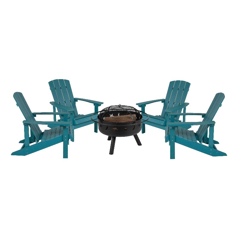 Star and Moon Fire Pit with Mesh Cover & 4 Sea Foam Poly Resin Adirondack Chairs