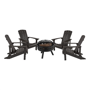 Star & Moon Fire Pit with Mesh Cover & 4 Slate Gray Poly Resin Adirondack Chairs