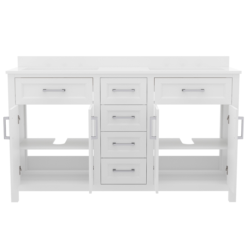 60 Inch Bathroom Vanity with 2 Sinks 2 Storage Cabinets and 6 Drawers in White