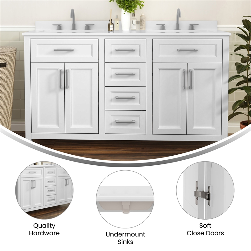 60 Inch Bathroom Vanity with 2 Sinks 2 Storage Cabinets and 6 Drawers in White