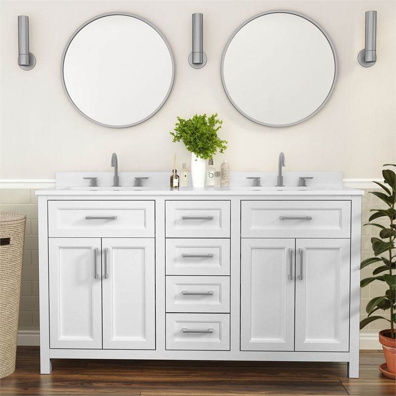 60 Inch Bathroom Vanity with 2 Sinks 2 Storage Cabinets and 6 Drawers in White
