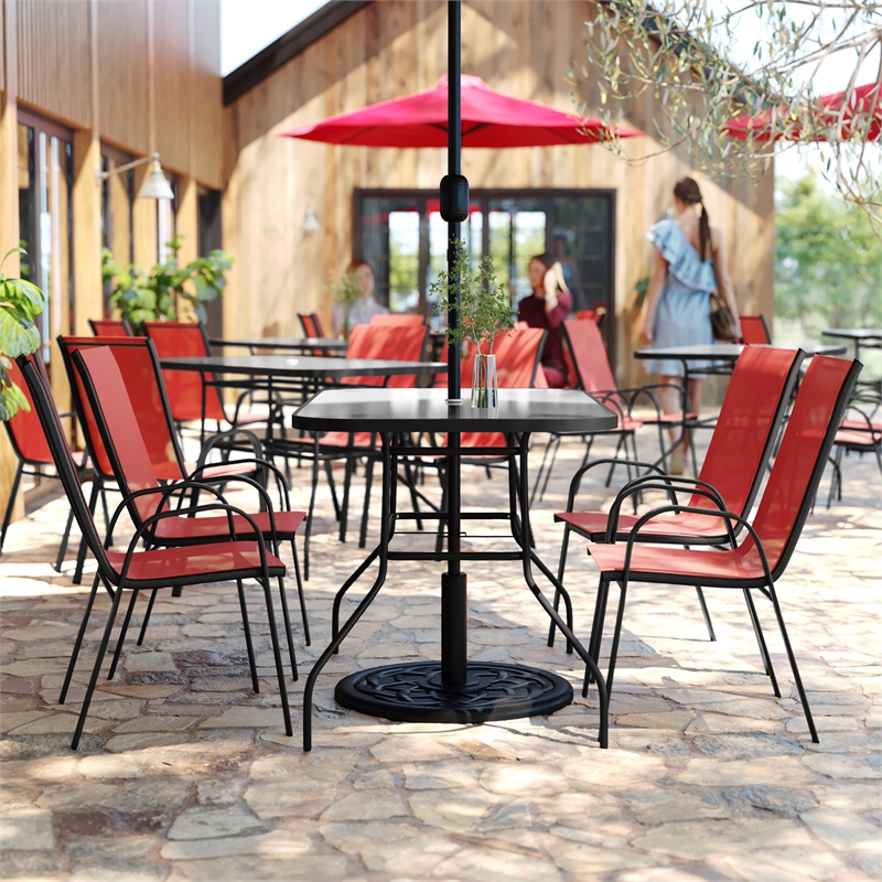 Commercial 5 Pc Outdoor Patio Dining Set with Glass Table and 4 Chairs - Red