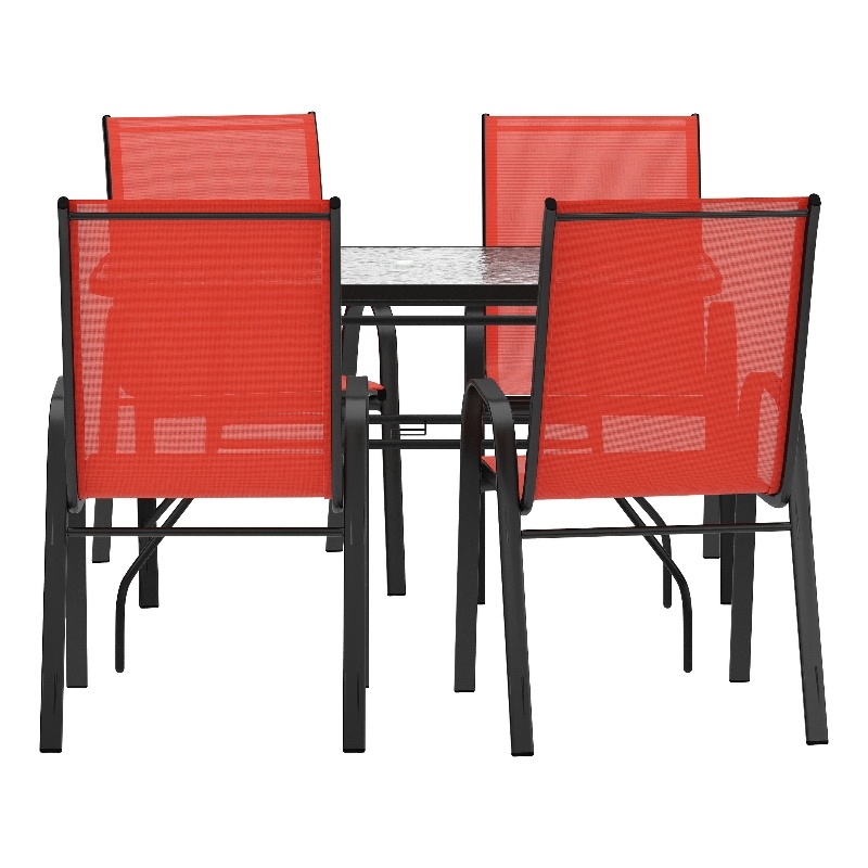 Commercial 5 Pc Outdoor Patio Dining Set with Glass Table and 4 Chairs - Red