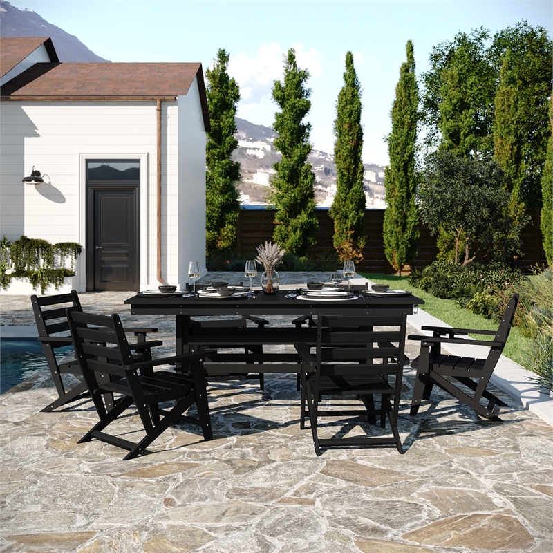 Commercial All Weather Adirondack Table and 6 Chairs with Cupholders in Black