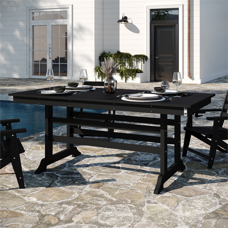Commercial All Weather Adirondack Table and 6 Chairs with Cupholders in Black