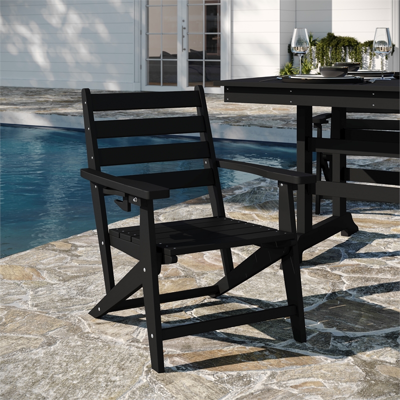 Commercial All Weather Adirondack Table and 6 Chairs with Cupholders in Black