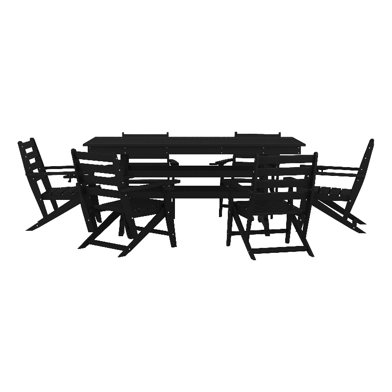 Commercial All Weather Adirondack Table and 6 Chairs with Cupholders in Black