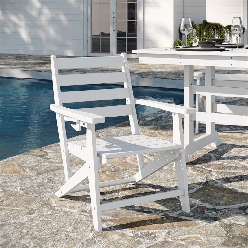 Commercial All Weather Adirondack Table and 6 Chairs with Cupholders in White