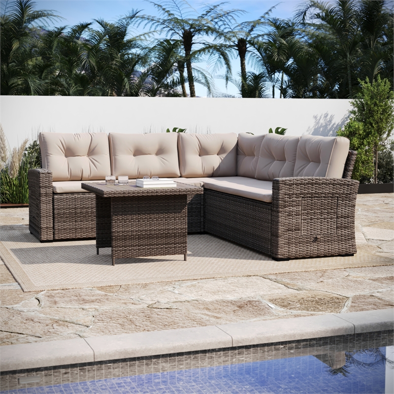 Indoor/Outdoor Conversation Set with Sofa and Table in Beige & Brown