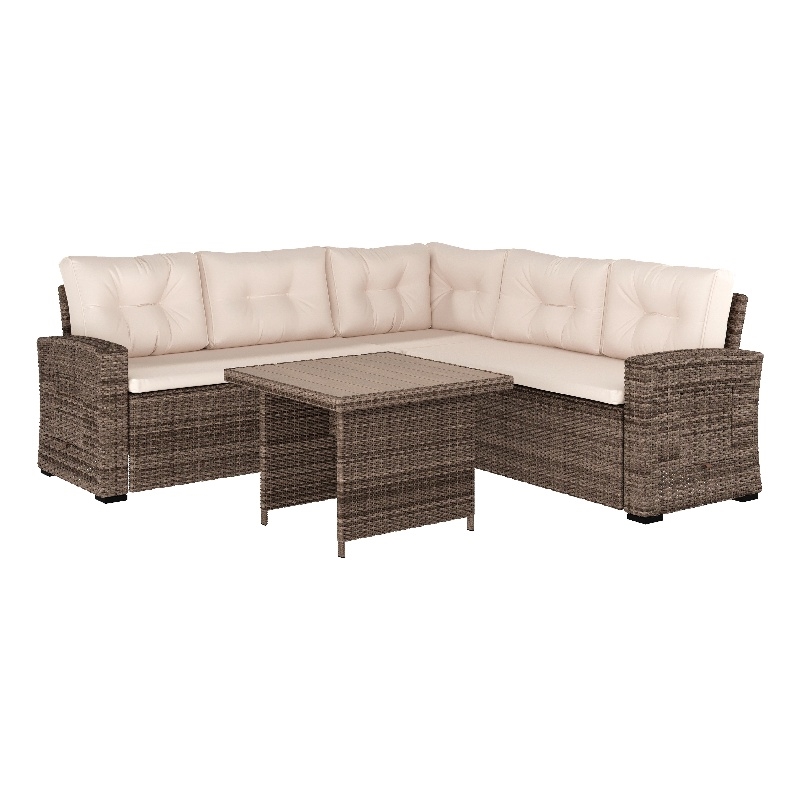 Indoor/Outdoor Conversation Set with Sofa and Table in Beige & Brown