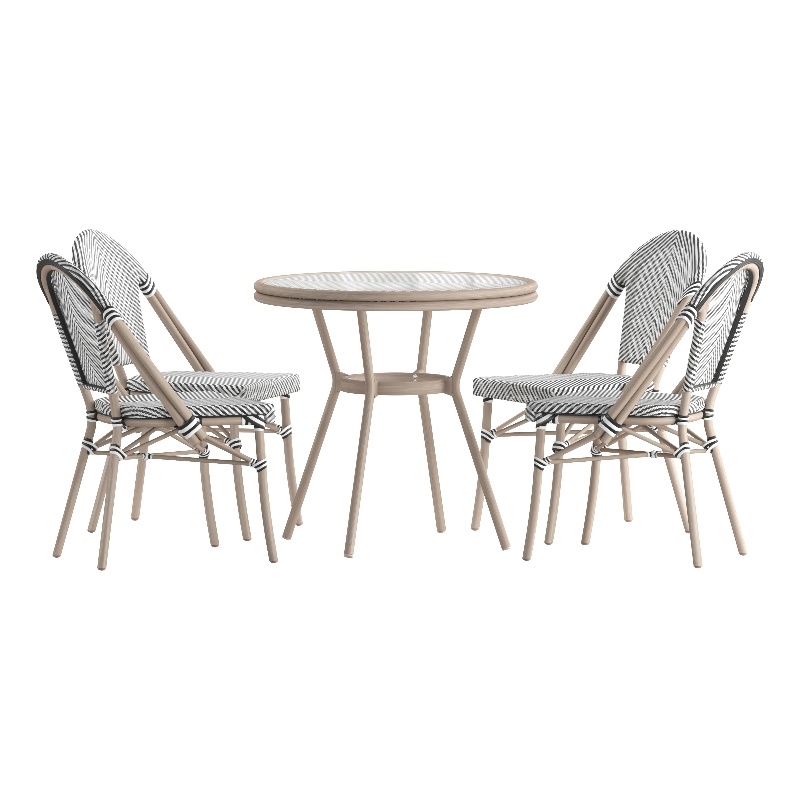 Indoor/Outdoor Commercial Bistro Set with Table and 4 Chairs in Blk/Wht