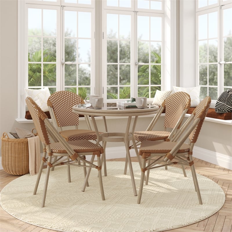 Indoor/Outdoor Commercial Bistro Set with Table and 4 Chairs in Nat/Wht