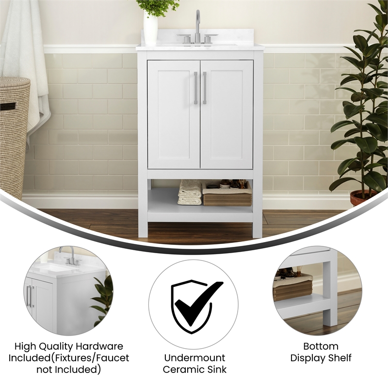 24 Inch Bathroom Vanity with Undermount Sink and Open Storage Shelf in White