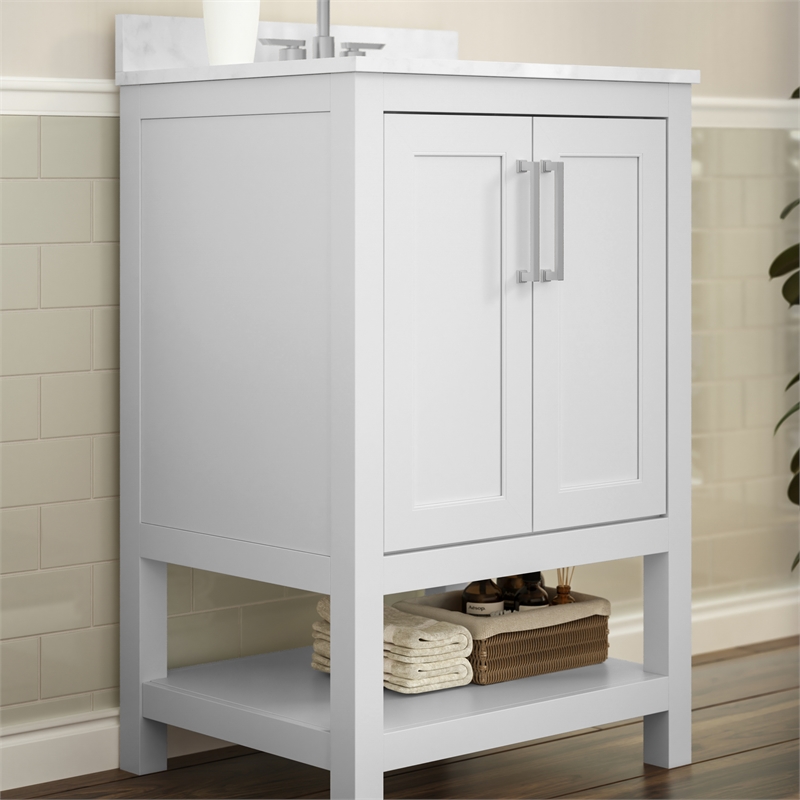 24 Inch Bathroom Vanity with Undermount Sink and Open Storage Shelf in White