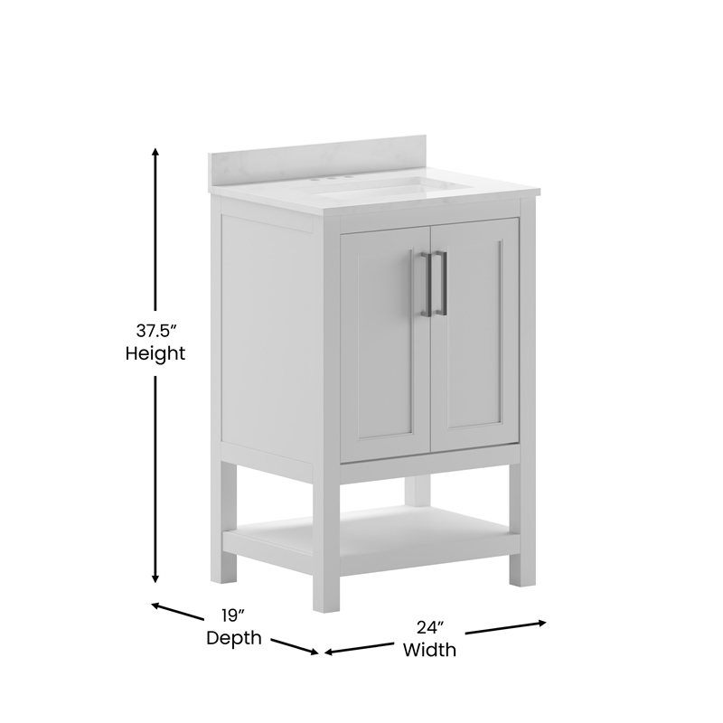 24 Inch Bathroom Vanity with Undermount Sink and Open Storage Shelf in White