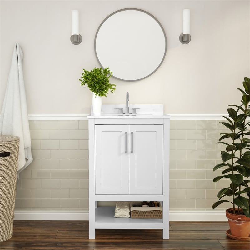 24 Inch Bathroom Vanity with Undermount Sink and Open Storage Shelf in White