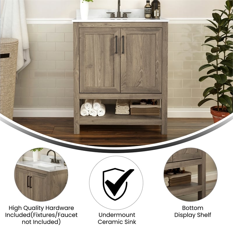 30 Inch Bathroom Vanity with Undermount Sink and Open Storage Shelf in Brown