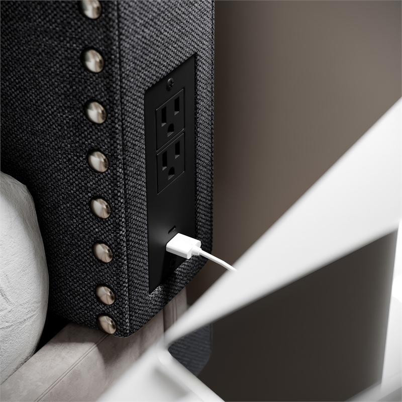 Contoured Twin Headboard with 2 Power Outlets 1 USB and 1 USB-C Port in Gray