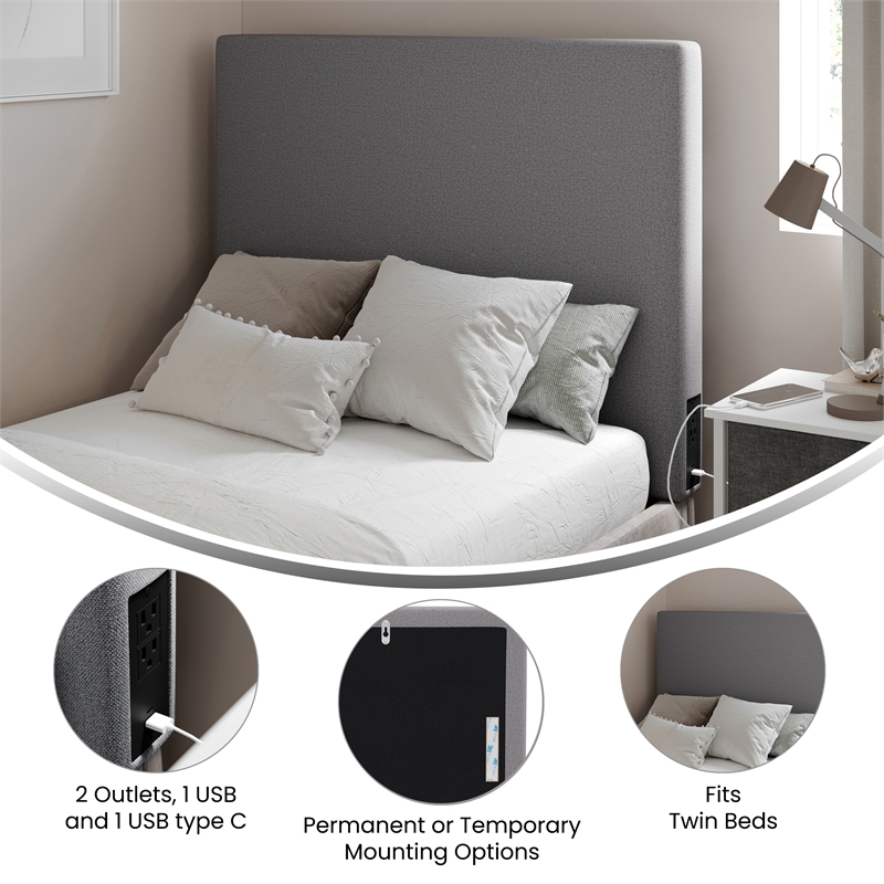 Upholstered Twin Headboard with 2 Power Outlets 1 USB 1 USB-C Port in Gray