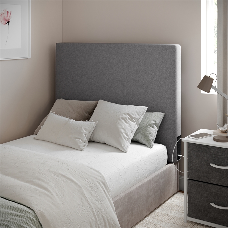 Upholstered Twin Headboard with 2 Power Outlets 1 USB 1 USB-C Port in Gray