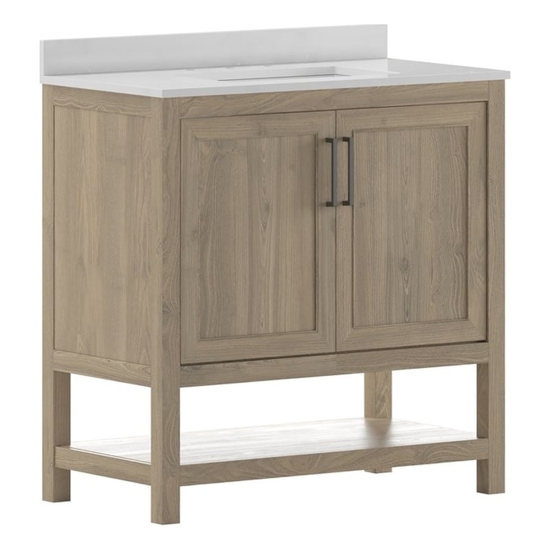 36 Inch Bathroom Vanity with Undermount Sink and Open Storage Shelf in Brown