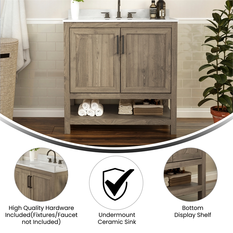 36 Inch Bathroom Vanity with Undermount Sink and Open Storage Shelf in Brown