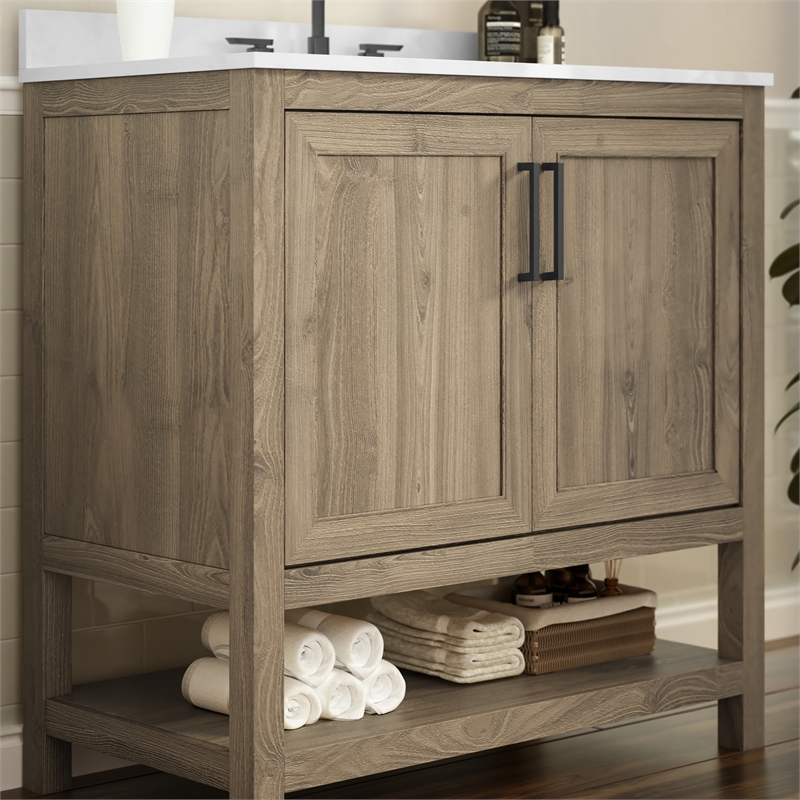 36 Inch Bathroom Vanity with Undermount Sink and Open Storage Shelf in Brown