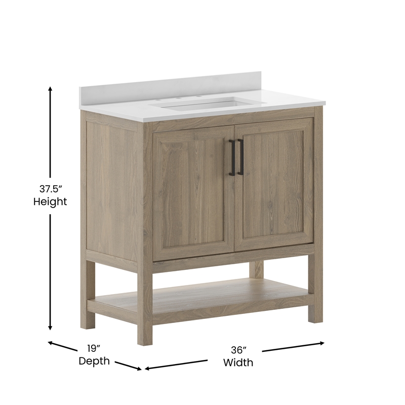36 Inch Bathroom Vanity with Undermount Sink and Open Storage Shelf in Brown